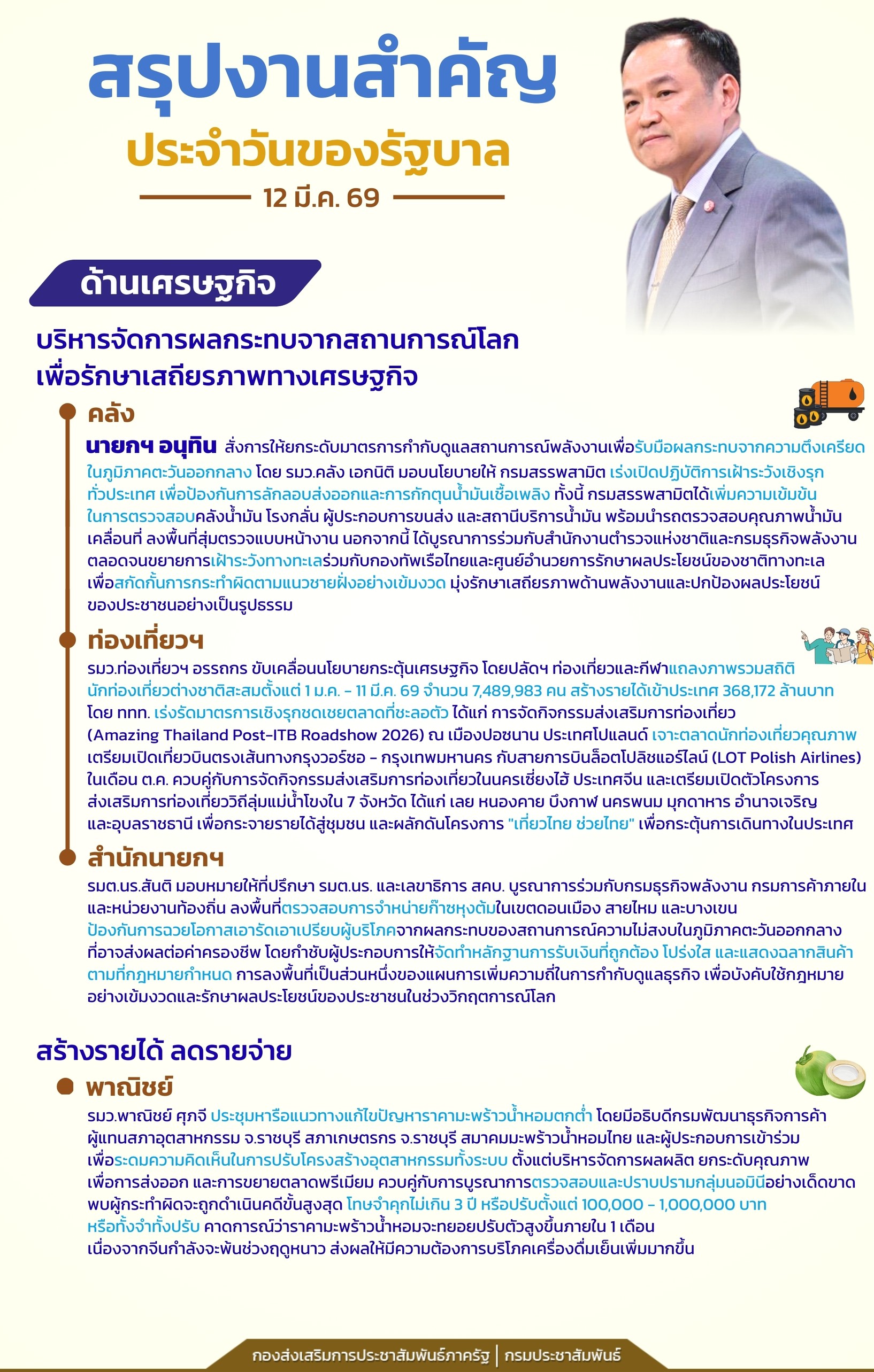 📍สรุปงานสำคัญประจำวันของรัฐบาล วันที่ 12 มีนาคม 2569