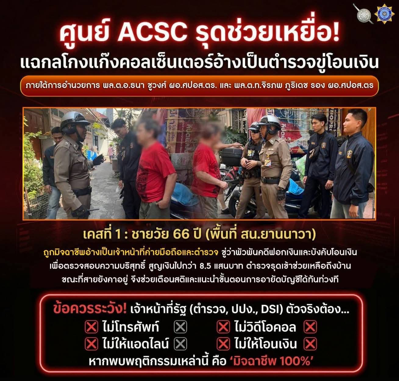 🚨 ศูนย์ ACSC รุดช่วยเหยื่อ! แฉกลโกงแก๊งคอลเซ็นเตอร์อ้างเป็นตำรวจขู่โอนเงิน 