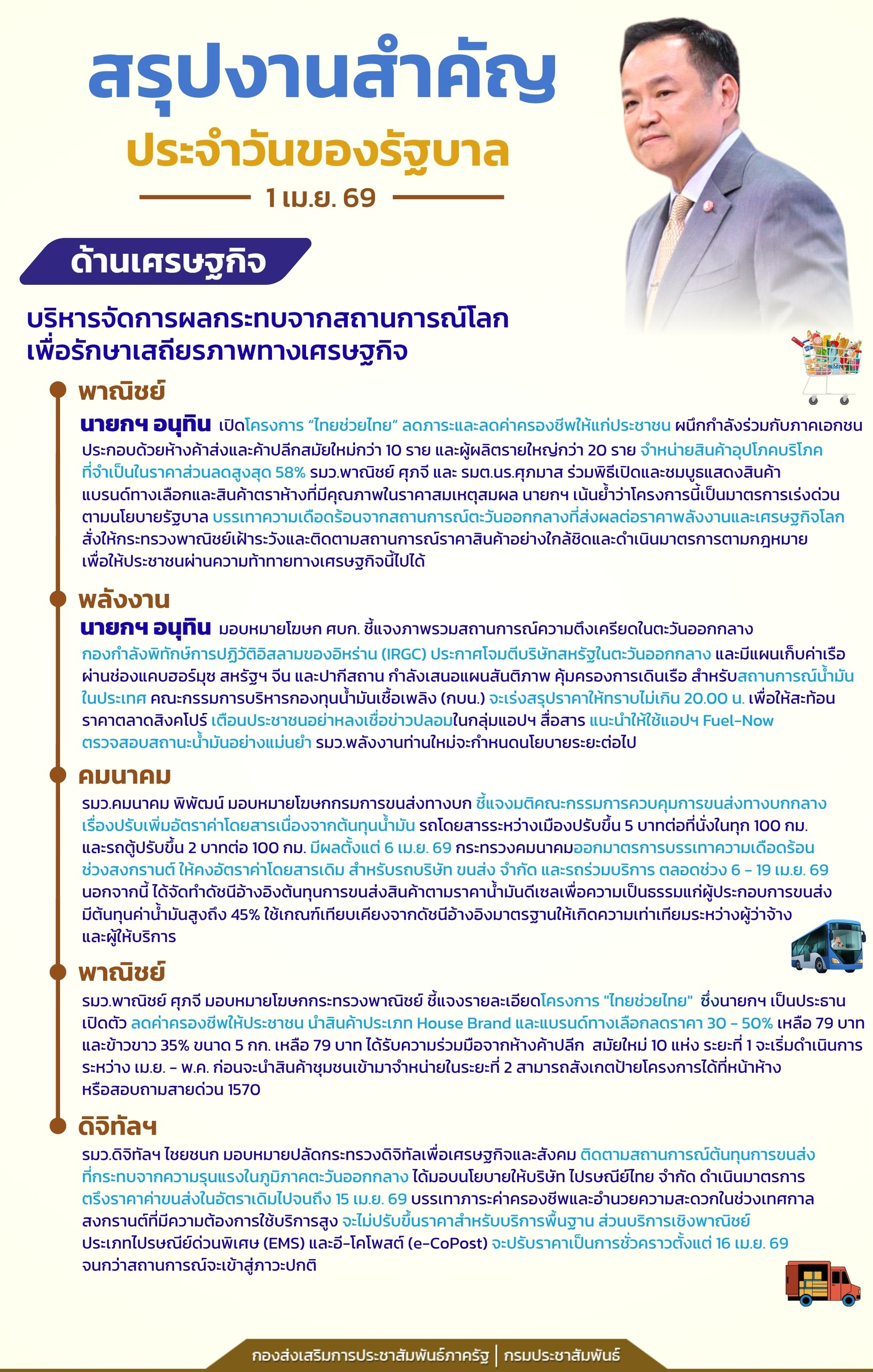 📍สรุปงานสำคัญประจำวันของรัฐบาล วันที่ 1 เมษายน 2569