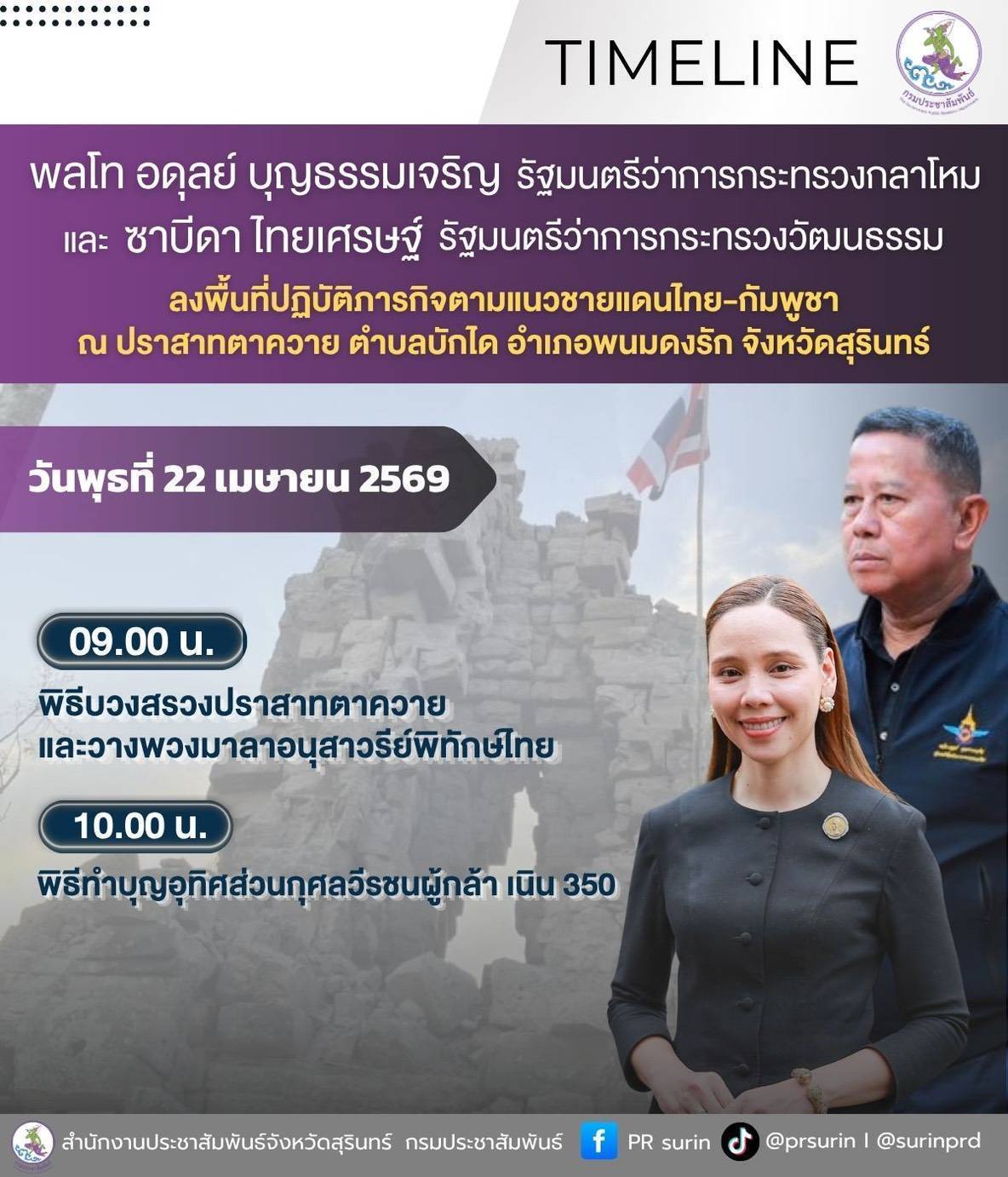 🚨  พลโท อดุลย์ บุญธรรมเจริญ รมว.กลาโหม และน.ส ซาบีดา ไทยเศรษฐ์ รมว.วัฒนธรรม กำหนดลงพื้นที่ จ.สุรินทร์ วางพวงมาลาอนุสาวรีย์พิทักษ์ไทย และตรวจเยี่ยมปราสาทตาควาย - เนิน 350 วันที่ 22 เมษายน 2569 เวลา 09.00 น.