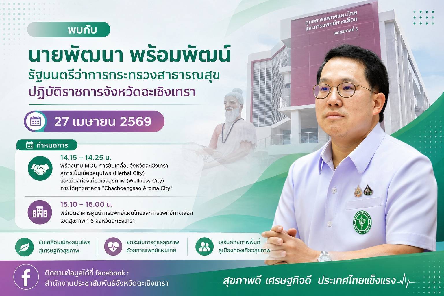 🚨  นายพัฒนา พร้อมพัฒน์  รัฐมนตรีว่าการกระทรวงสาธารณสุข         เดินทางไปปฏิบัติราชการในพื้นที่จังหวัดฉะเชิงเทรา เพื่อร่วมพิธีเปิดอาคารศูนย์การแพทย์แผนไทยและการแพทย์ทางเลือก เขตสุขภาพที่ 6 ในวันที่ 27 เมษายน 2569 เวลา 14.15 - 16.00 น.