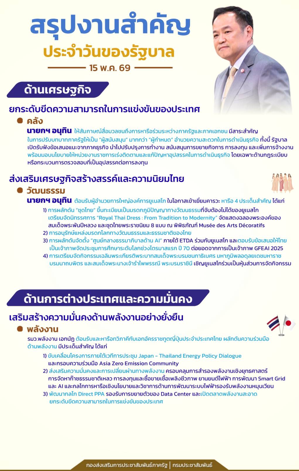 📍สรุปงานสำคัญประจำวันของรัฐบาล วันที่ 15 พฤษภาคม 2569
