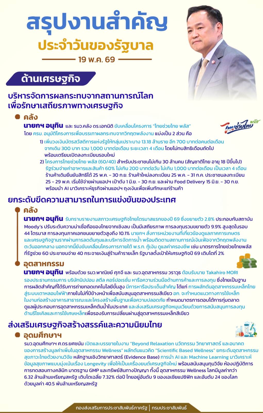 📍สรุปงานสำคัญประจำวันของรัฐบาล วันที่ 19 พฤษภาคม 2569