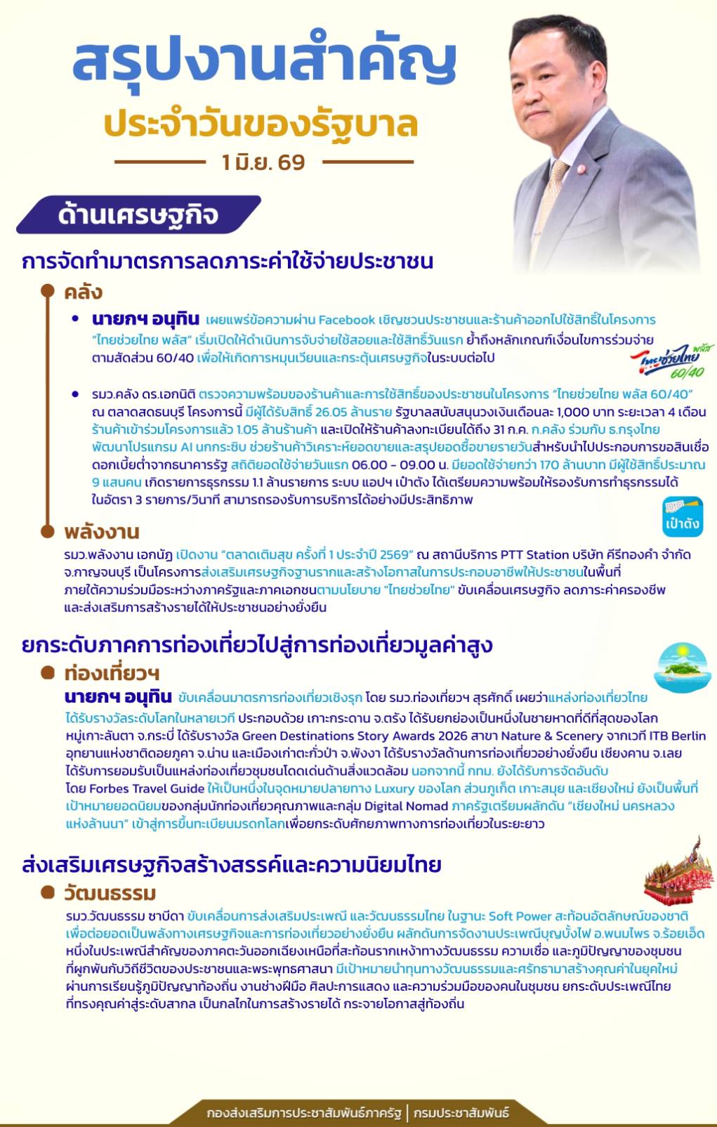 📍สรุปงานสำคัญประจำวันของรัฐบาล วันที่ 1 มิถุนายน 2569