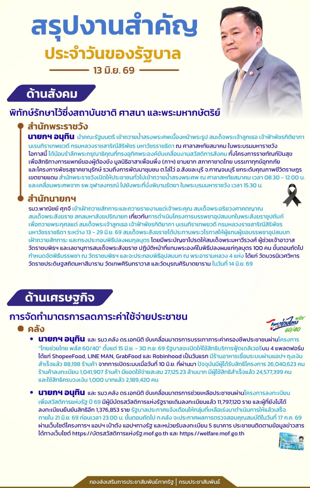 📍สรุปงานสำคัญประจำวันของรัฐบาล วันที่ 13 มิถุนายน 2569