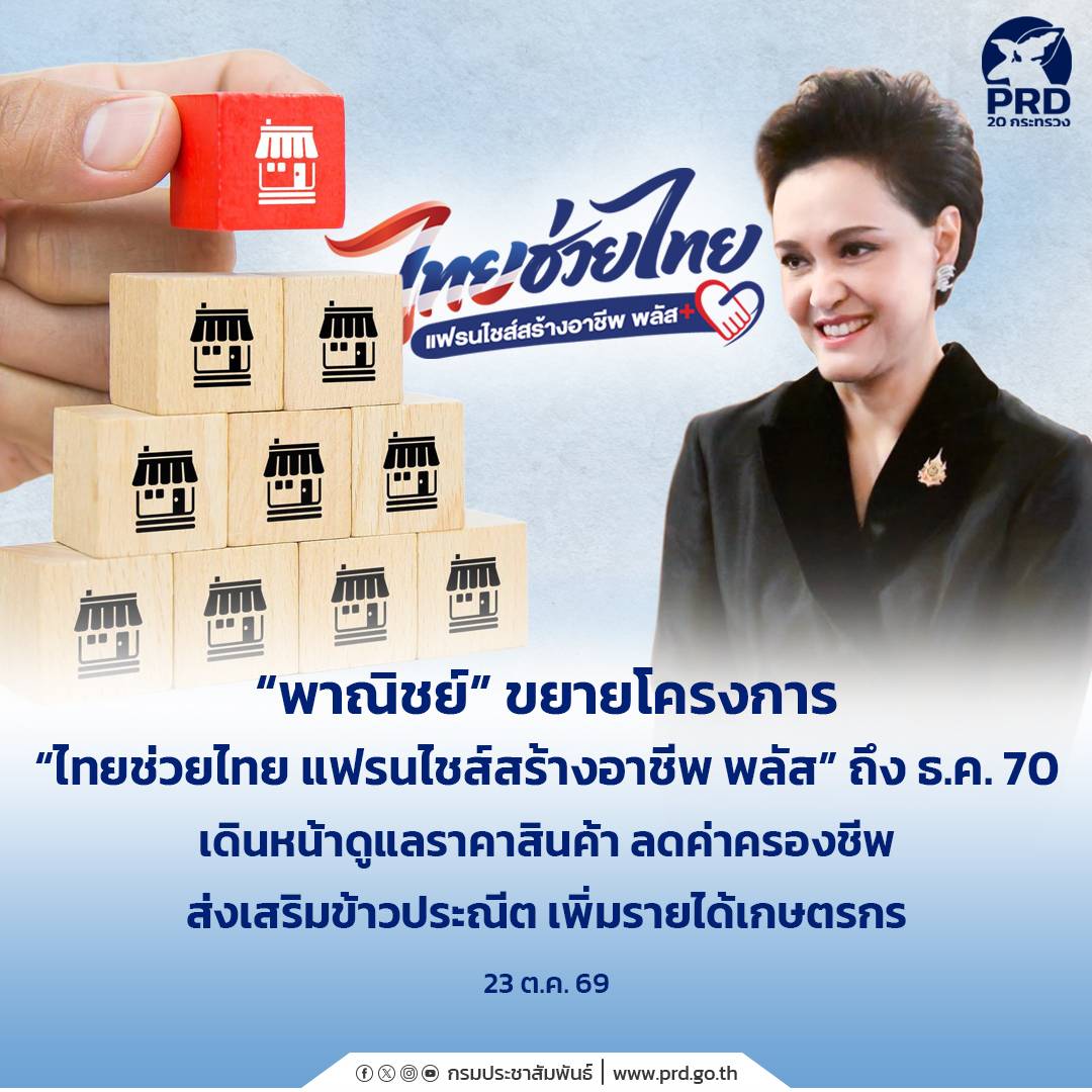 &ldquo;พาณิชย์&rdquo; ขยายโครงการ &ldquo;ไทยช่วยไทย แฟรนไชส์สร้างอาชีพ พลัส&rdquo; ถึง ธ.ค. 70 เดินหน้าดูแลราคาสินค้า ลดค่าครองชีพ ส่งเสริมข้าวประณีต เพิ่มรายได้เกษตรกร